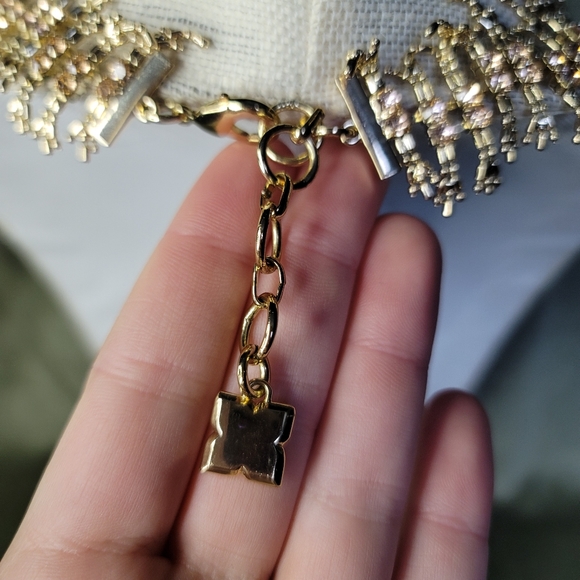 McBling Fae Light Operacore Rose Crystal Feathered Gold Statement Necklace - Picture 6 of 10